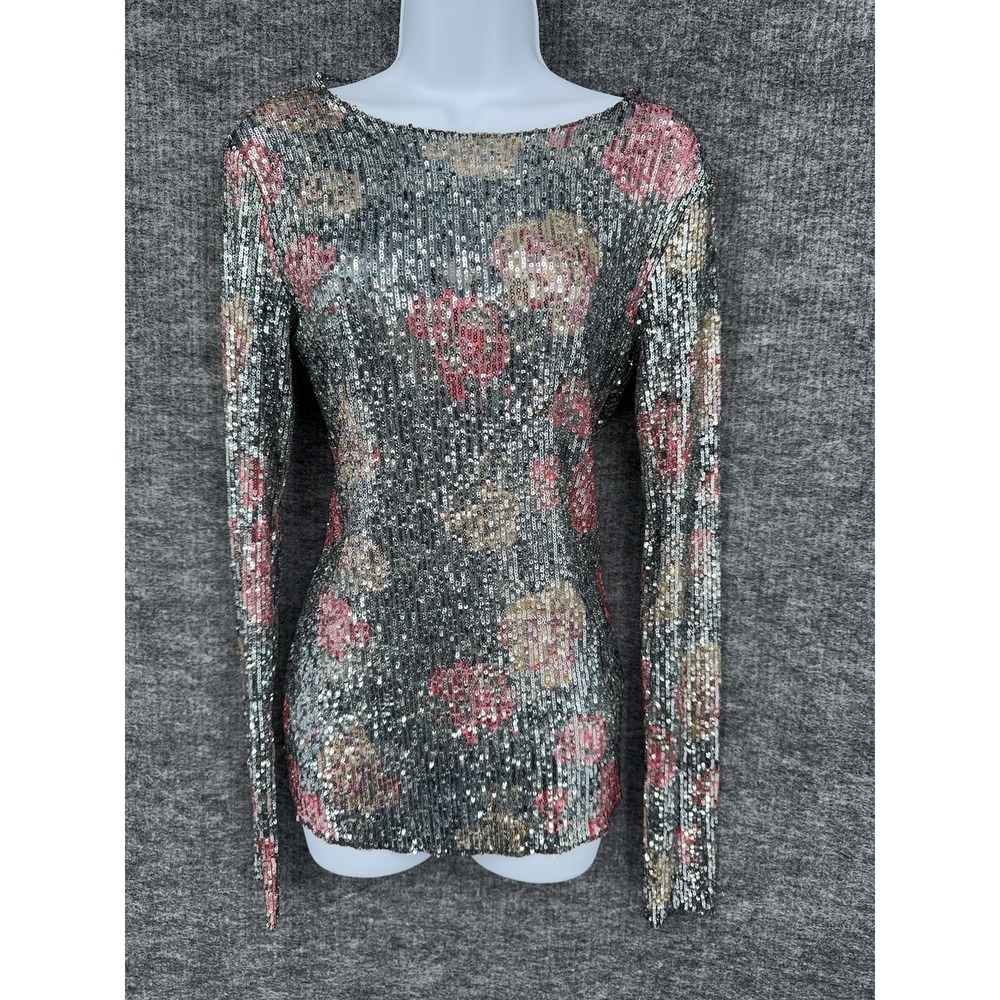Free People Top Womens S Silver Floral Sequin Boat Neck Long Sleeve Stretch